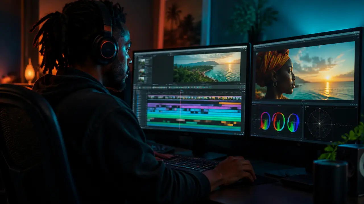 An editor cutting video on two monitors