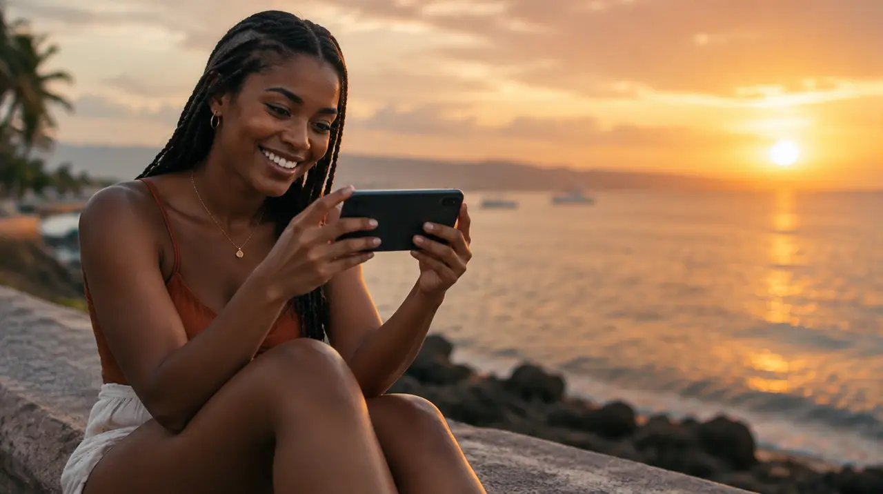 A happy client watching her finished video on a phone at sunset